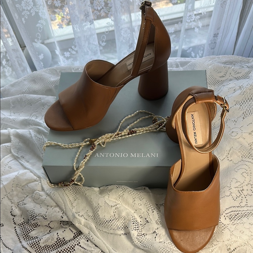 Antonio Melani Tan Block Heel Sandals